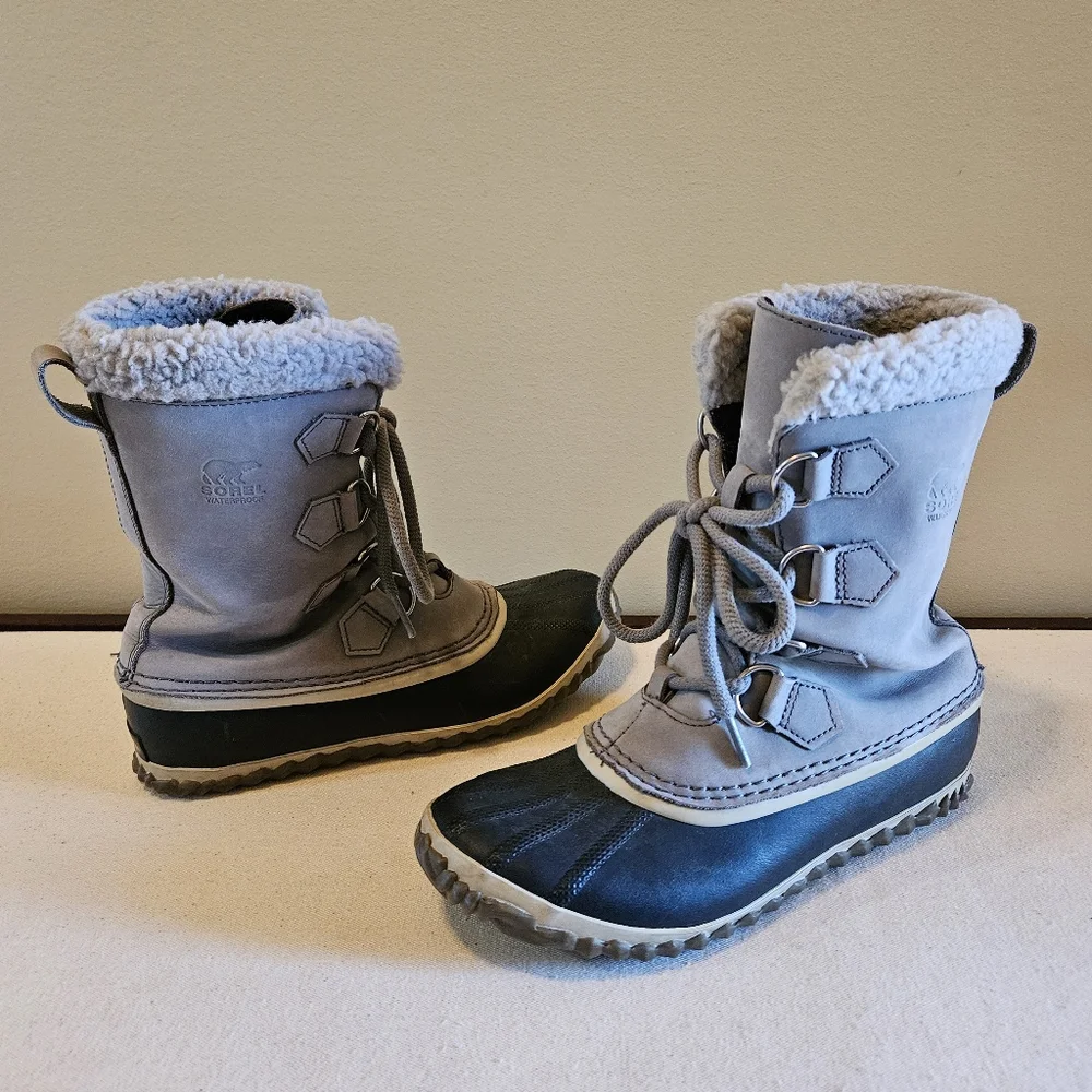 Sorel Caribou Slim Gray Leather Waterproof Boots – Women’s 7.5 - Picture 4 of 13